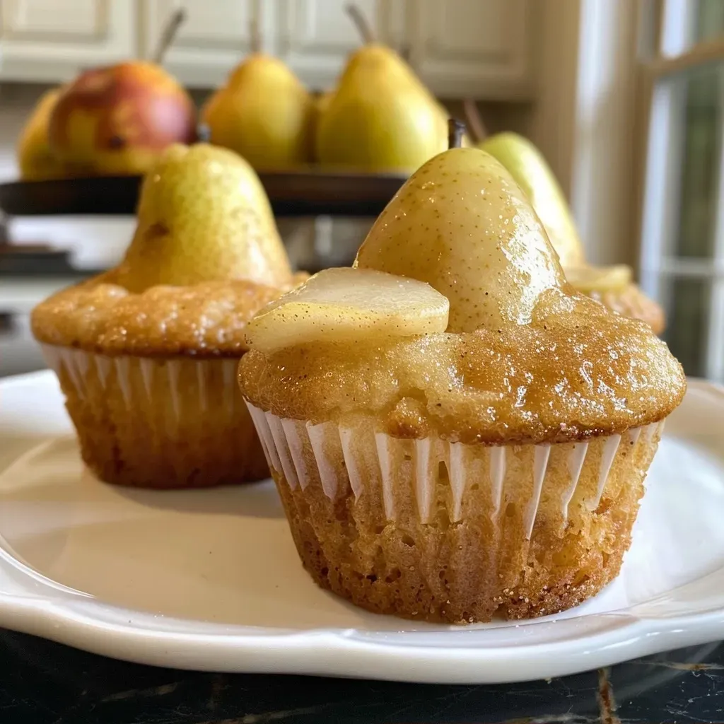 ['A side view of a pear cupcake topped with honey buttercream frosting.', 'Close-up of a delicious pear cupcake adorned with creamy honey buttercream.', 'Juicy pear cupcake with a swirl of honey buttercream on top, viewed from the side.', 'A moist pear cupcake featuring luscious honey buttercream, shown in a close-up shot.']