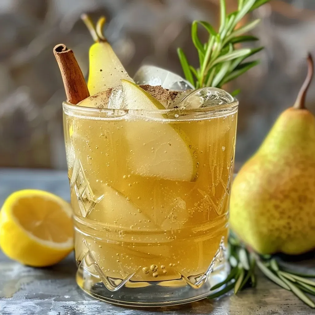 ['Close-up of a refreshing Pear Mocktail with ice and garnished with rosemary.', 'Side view of a Pear Mocktail in a glass, highlighting its frothy top and pear slice.', 'A beautifully crafted Pear Mocktail featuring pear slices and a sprig of rosemary.', 'Detailed shot of a Pear Mocktail with mineral water, ice, and a hint of cinnamon.']
