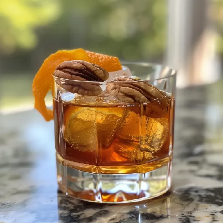 ['Close-up side view of a Pecan Bourbon Old Fashioned cocktail with a large ice cube and orange peel.', 'Juicy Pecan Bourbon Old Fashioned served in a glass with a candied pecan garnish and orange peel.', 'Detailed shot of Pecan Bourbon Old Fashioned with ingredients visible, including bitters and bourbon.', 'Side view of a beautifully crafted Pecan Bourbon Old Fashioned cocktail on a wooden surface.']