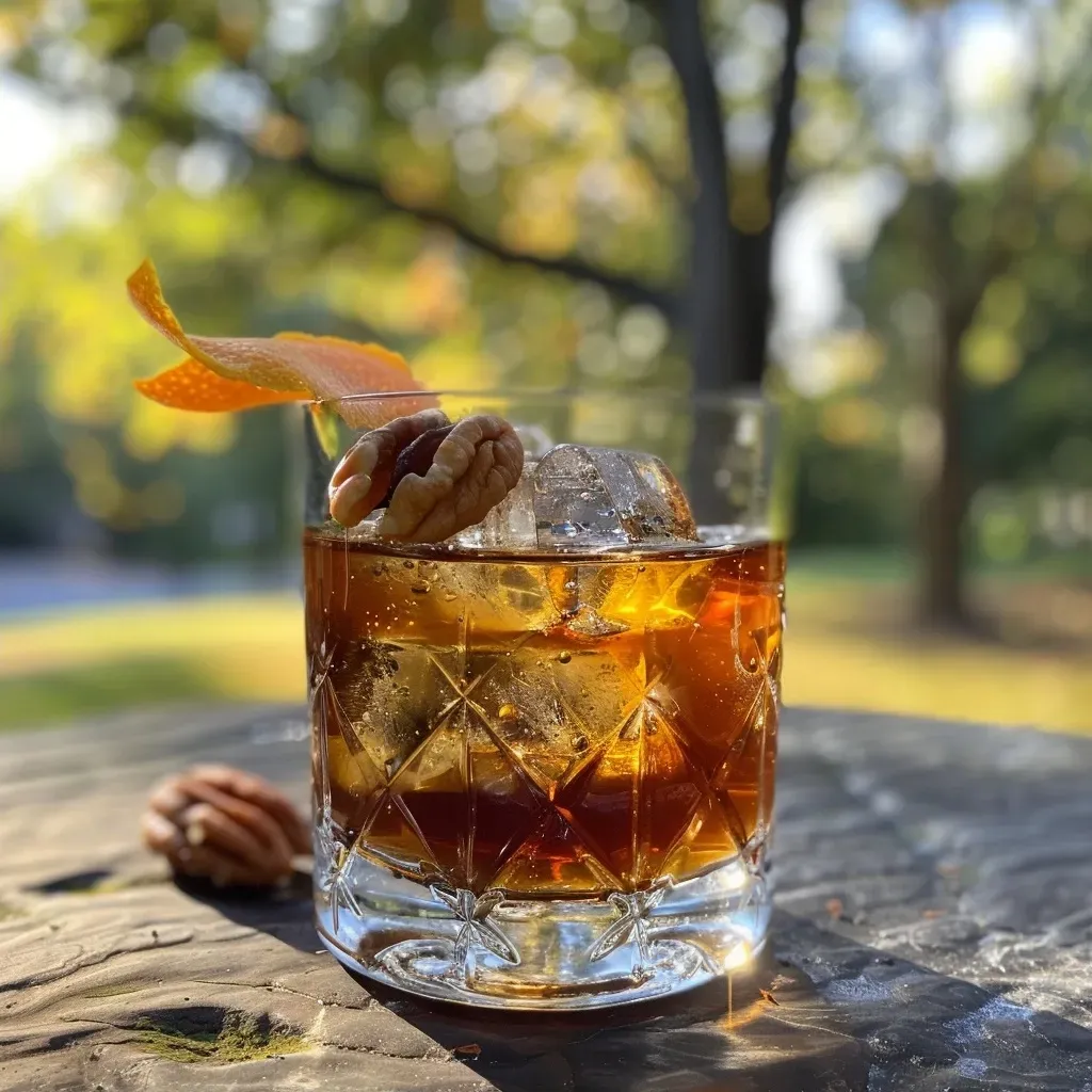 ['Close-up side view of a Pecan Bourbon Old Fashioned cocktail with a large ice cube and orange peel.', 'Juicy Pecan Bourbon Old Fashioned served in a glass with a candied pecan garnish and orange peel.', 'Detailed shot of Pecan Bourbon Old Fashioned with ingredients visible, including bitters and bourbon.', 'Side view of a beautifully crafted Pecan Bourbon Old Fashioned cocktail on a wooden surface.']
