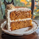 ['Close-up view of a multi-layered pumpkin cake with cream cheese frosting.', 'Side view of a perfectly frosted pumpkin layer cake showcasing its spongy texture.', 'Detailed shot of a pumpkin cake with layers, adorned with creamy frosting.', 'Close-up of a sliced pumpkin layer cake displaying its rich cream cheese topping.']