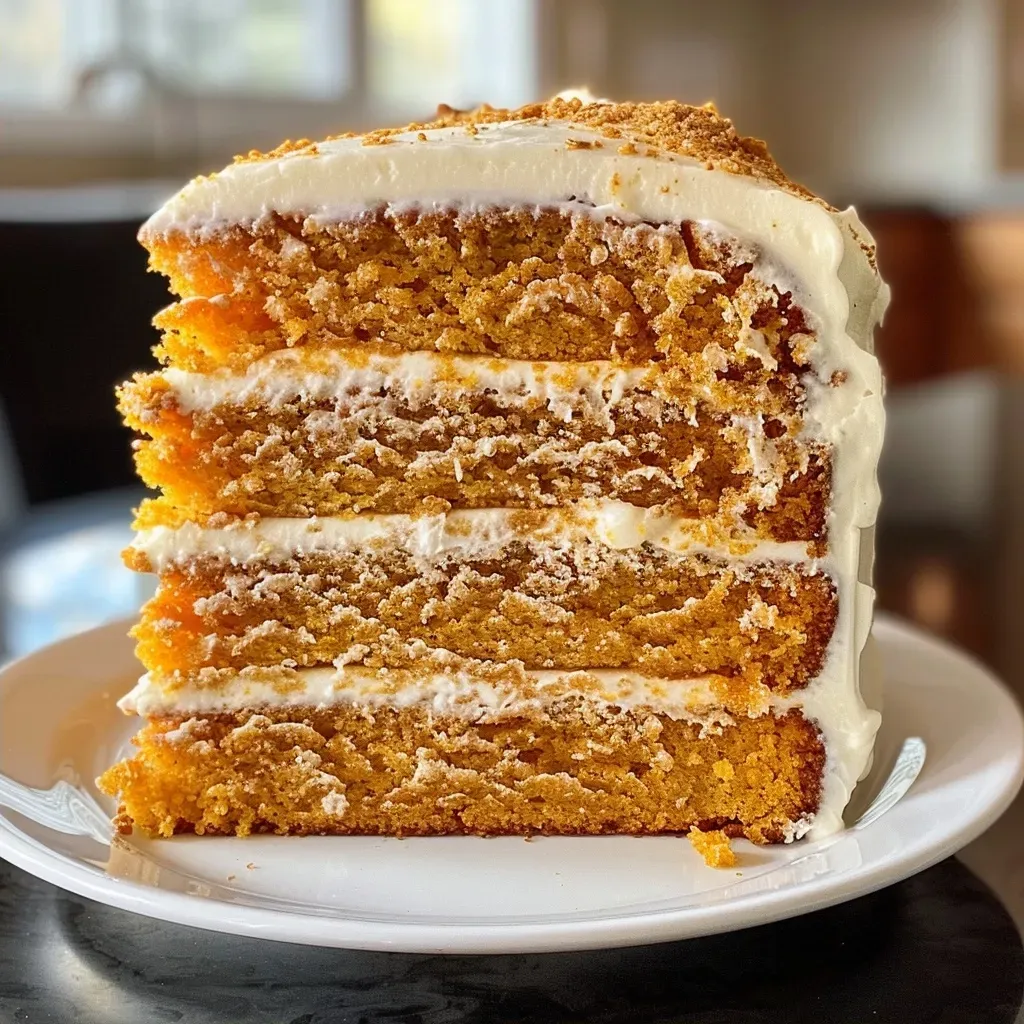 ['Close-up view of a multi-layered pumpkin cake with cream cheese frosting.', 'Side view of a perfectly frosted pumpkin layer cake showcasing its spongy texture.', 'Detailed shot of a pumpkin cake with layers, adorned with creamy frosting.', 'Close-up of a sliced pumpkin layer cake displaying its rich cream cheese topping.']