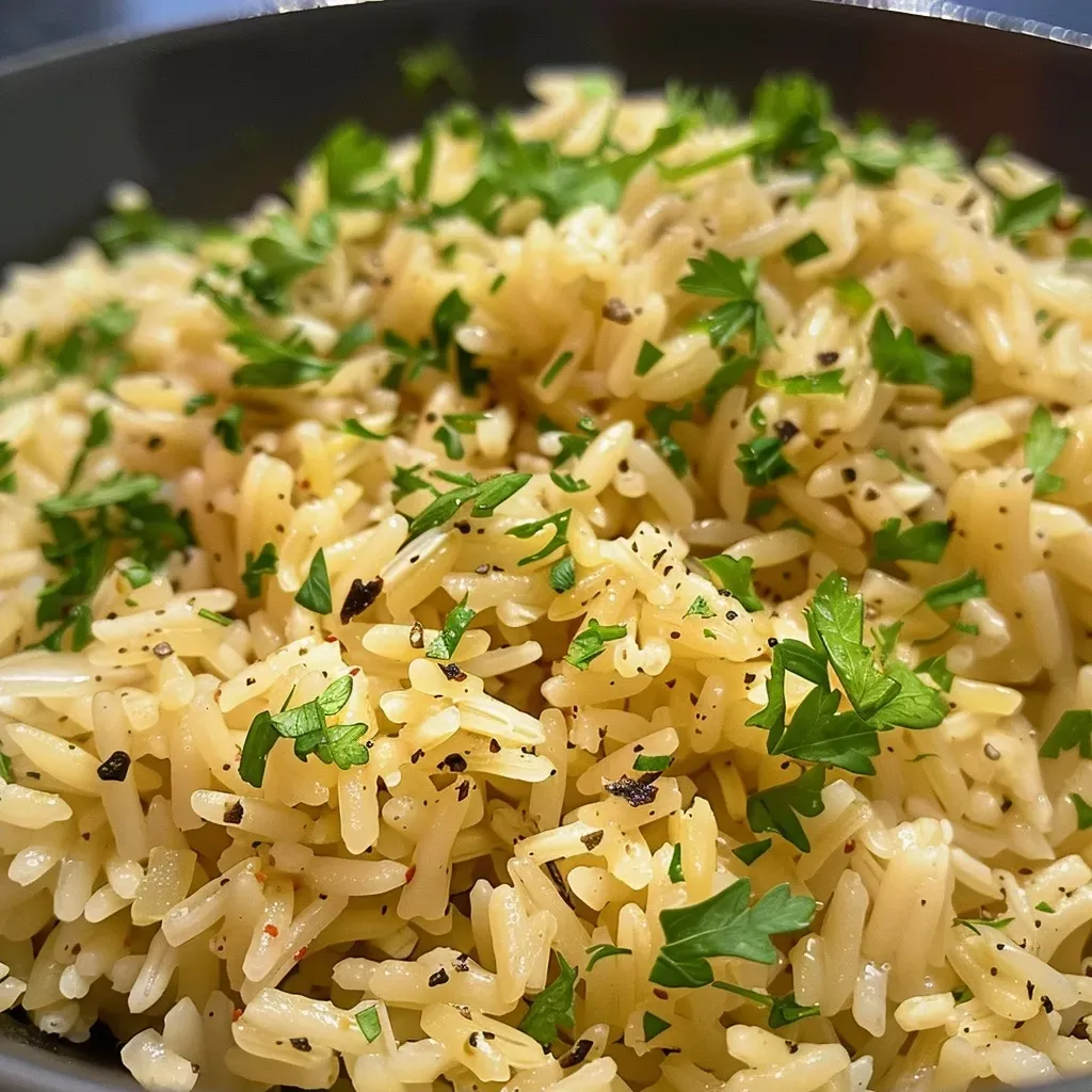 ['Close-up view of perfectly cooked rice pilaf garnished with chopped parsley.', 'Side view of a vibrant rice pilaf dish featuring vermicelli and fresh herbs.', 'Juicy rice pilaf displayed in a bowl with grains and golden vermicelli strands.', 'Detailed image of rice pilaf showcasing its fluffy texture and seasonings.']