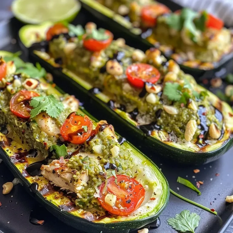 ['Close-up view of Pesto Chicken Stuffed Zucchini Boats with vibrant toppings.', 'Juicy zucchini boats filled with pesto chicken, garnished with cherry tomatoes and cilantro.', 'Side view of baked zucchini halves stuffed with chicken, melted mozzarella, and pesto sauce.', 'Deliciously presented zucchini boats topped with cheese and fresh ingredients.']