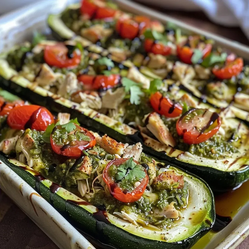 ['Close-up view of Pesto Chicken Stuffed Zucchini Boats with vibrant toppings.', 'Juicy zucchini boats filled with pesto chicken, garnished with cherry tomatoes and cilantro.', 'Side view of baked zucchini halves stuffed with chicken, melted mozzarella, and pesto sauce.', 'Deliciously presented zucchini boats topped with cheese and fresh ingredients.']