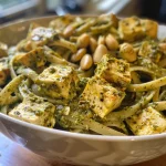 ['Close-up of vibrant Pesto Pasta with golden cubes of tofu on a plate.', 'Side view of Pesto Pasta with Tofu, showcasing the green pesto sauce coating.', 'Delicious bowl of Pesto Pasta featuring crispy tofu cubes and fresh herbs.', 'Juicy Pesto Pasta with Tofu, highlighted with a glistening drizzle of pesto.']