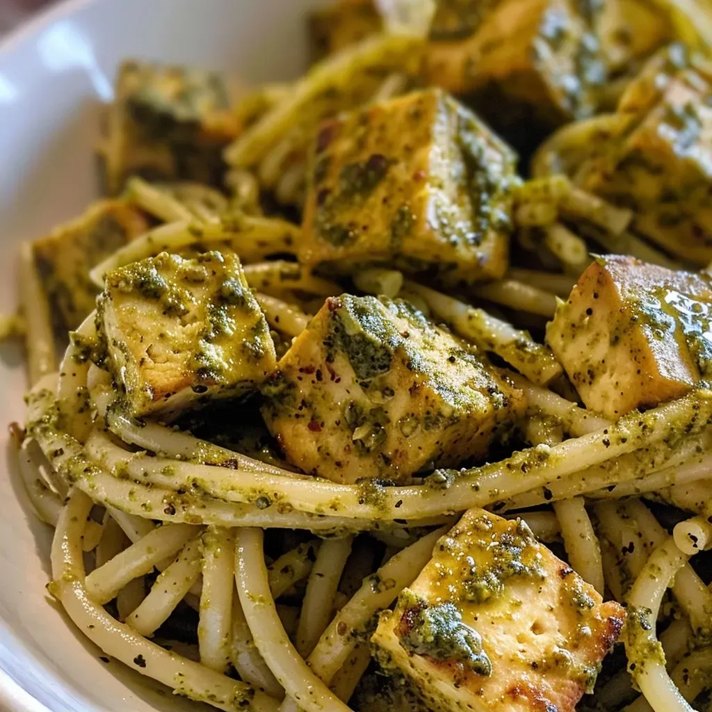 ['Close-up of vibrant Pesto Pasta with golden cubes of tofu on a plate.', 'Side view of Pesto Pasta with Tofu, showcasing the green pesto sauce coating.', 'Delicious bowl of Pesto Pasta featuring crispy tofu cubes and fresh herbs.', 'Juicy Pesto Pasta with Tofu, highlighted with a glistening drizzle of pesto.']