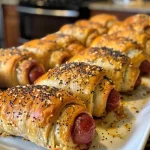 ['Close-up side view of Pigs in a Blanket, showcasing golden crescent dough wrapped around small smoked sausages.', 'Juicy Pigs in a Blanket arranged on a plate, with visible layers of crescent dough and sausage.', 'A side profile of Pigs in a Blanket, emphasizing the flaky texture of the dough and the plump sausage inside.', 'Delicious Pigs in a Blanket displayed on a wooden board, highlighting the savory ingredients and optional seasoning.']