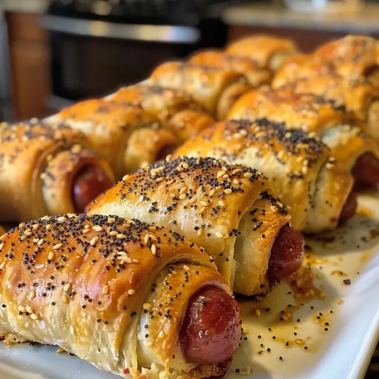 ['Close-up side view of Pigs in a Blanket, showcasing golden crescent dough wrapped around small smoked sausages.', 'Juicy Pigs in a Blanket arranged on a plate, with visible layers of crescent dough and sausage.', 'A side profile of Pigs in a Blanket, emphasizing the flaky texture of the dough and the plump sausage inside.', 'Delicious Pigs in a Blanket displayed on a wooden board, highlighting the savory ingredients and optional seasoning.']