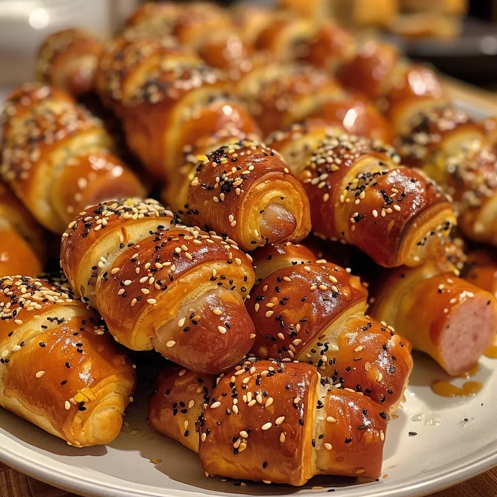 ['Close-up side view of Pigs in a Blanket, showcasing golden crescent dough wrapped around small smoked sausages.', 'Juicy Pigs in a Blanket arranged on a plate, with visible layers of crescent dough and sausage.', 'A side profile of Pigs in a Blanket, emphasizing the flaky texture of the dough and the plump sausage inside.', 'Delicious Pigs in a Blanket displayed on a wooden board, highlighting the savory ingredients and optional seasoning.']