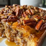 ['Close-up view of Praline Pecan French Toast Casserole with golden-brown edges and pecan topping.', 'Side view of a beautifully baked Praline Pecan French Toast Casserole, showcasing its layered texture and nutty topping.', 'Delicious Praline Pecan French Toast Casserole displaying a crispy top layer and rich, creamy filling.', 'A delectable serving of Praline Pecan French Toast Casserole highlighting the praline pecans and caramelized surface.']
