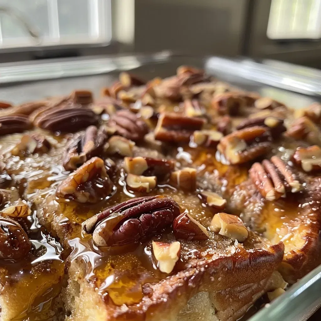 ['Close-up view of Praline Pecan French Toast Casserole with golden-brown edges and pecan topping.', 'Side view of a beautifully baked Praline Pecan French Toast Casserole, showcasing its layered texture and nutty topping.', 'Delicious Praline Pecan French Toast Casserole displaying a crispy top layer and rich, creamy filling.', 'A delectable serving of Praline Pecan French Toast Casserole highlighting the praline pecans and caramelized surface.']