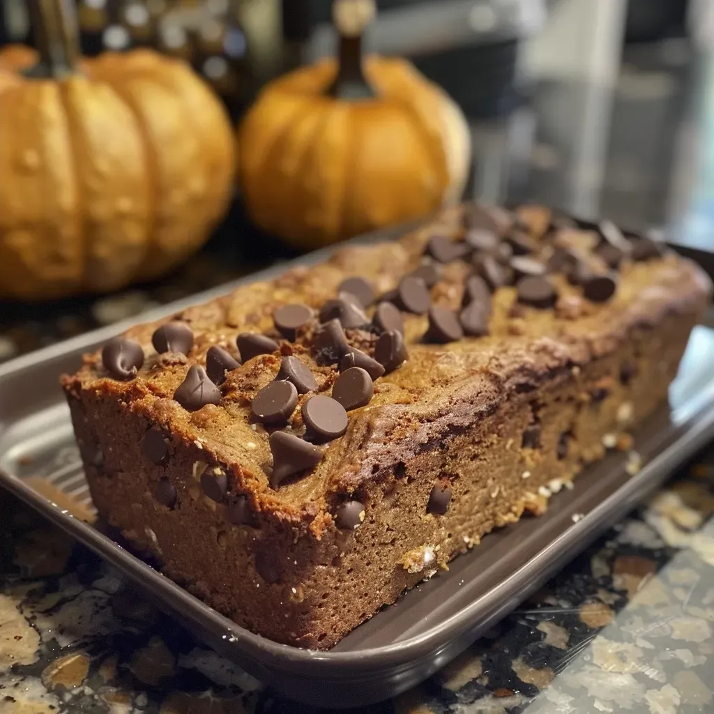 Close-up of a slice of moist Protein Pumpkin Bread with chocolate chips.