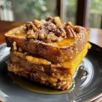['Close-up of a Protein Pumpkin French Toast Bake, showcasing its golden-brown crust and topped with pecans.', 'Side view of a hearty Protein Pumpkin French Toast Bake, with visible layers and a drizzle of syrup.', 'A deliciously baked Protein Pumpkin French Toast, featuring a warm, inviting texture and pumpkin spice decor.', 'A scrumptious slice of Protein Pumpkin French Toast Bake, highlighting the pumpkin puree and nut topping.']