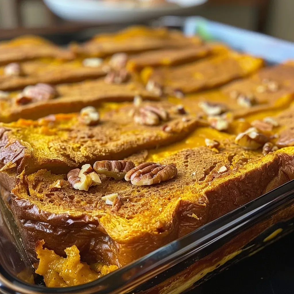 ['Close-up of a Protein Pumpkin French Toast Bake, showcasing its golden-brown crust and topped with pecans.', 'Side view of a hearty Protein Pumpkin French Toast Bake, with visible layers and a drizzle of syrup.', 'A deliciously baked Protein Pumpkin French Toast, featuring a warm, inviting texture and pumpkin spice decor.', 'A scrumptious slice of Protein Pumpkin French Toast Bake, highlighting the pumpkin puree and nut topping.']