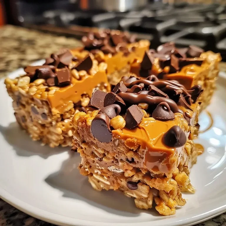 ['Close-up view of protein pumpkin Krispie treats stacked on a plate.', 'Side view of delicious protein pumpkin Krispie treats displaying their texture.', 'A tasty arrangement of protein pumpkin Krispie treats with chocolate chips on top.', 'Colorful protein pumpkin Krispie treats shown in a bright kitchen setting.']