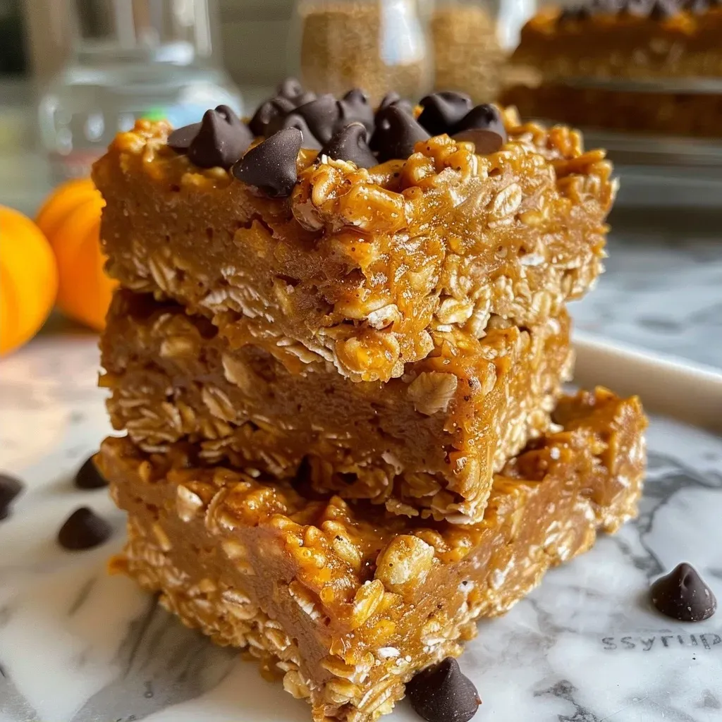 ['Close-up view of protein pumpkin Krispie treats stacked on a plate.', 'Side view of delicious protein pumpkin Krispie treats displaying their texture.', 'A tasty arrangement of protein pumpkin Krispie treats with chocolate chips on top.', 'Colorful protein pumpkin Krispie treats shown in a bright kitchen setting.']