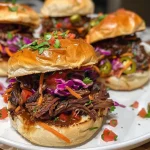 ['Juicy pulled brisket sliders stacked on a wooden platter with colorful toppings.', 'Close-up view of pulled brisket sliders garnished with cabbage and pickles.', 'Side view of stacked pulled brisket sliders with a rich, glossy sauce.', 'Delicious pulled brisket sliders featuring vibrant red onion and cabbage.']