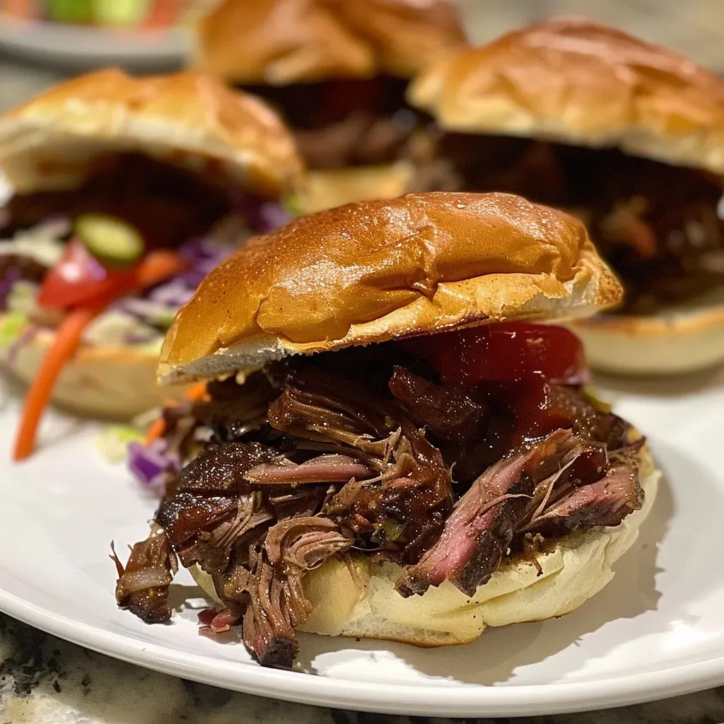 ['Juicy pulled brisket sliders stacked on a wooden platter with colorful toppings.', 'Close-up view of pulled brisket sliders garnished with cabbage and pickles.', 'Side view of stacked pulled brisket sliders with a rich, glossy sauce.', 'Delicious pulled brisket sliders featuring vibrant red onion and cabbage.']