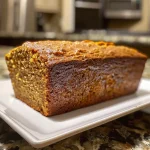 ['Close-up side view of moist Pumpkin Banana Bread with a golden-brown crust.', 'Slice of Pumpkin Banana Bread showing rich texture and spices on a rustic wooden surface.', 'Appetizing Pumpkin Banana Bread with a soft interior, highlighting bananas and pumpkin.', 'Delicious Pumpkin Banana Bread focused on a slice displaying nuts and spices.']