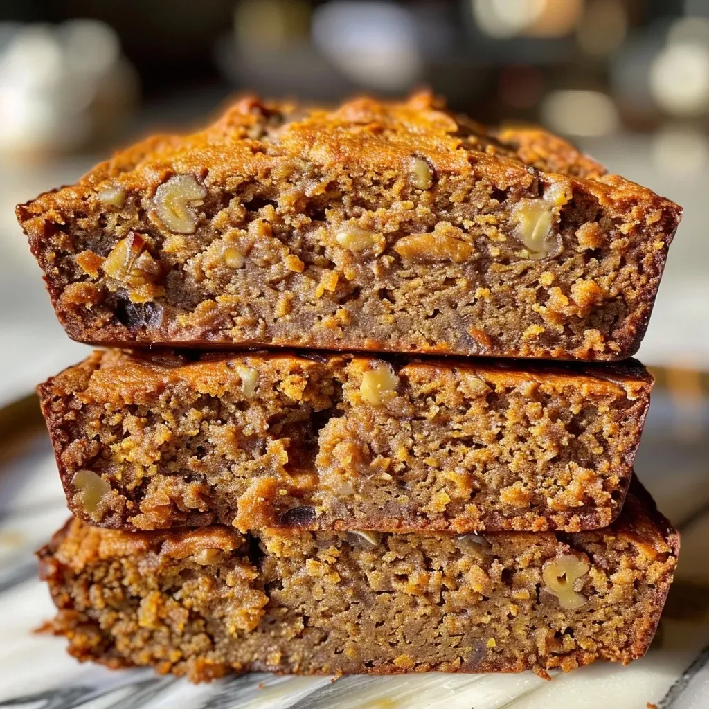 ['Close-up side view of moist Pumpkin Banana Bread with a golden-brown crust.', 'Slice of Pumpkin Banana Bread showing rich texture and spices on a rustic wooden surface.', 'Appetizing Pumpkin Banana Bread with a soft interior, highlighting bananas and pumpkin.', 'Delicious Pumpkin Banana Bread focused on a slice displaying nuts and spices.']