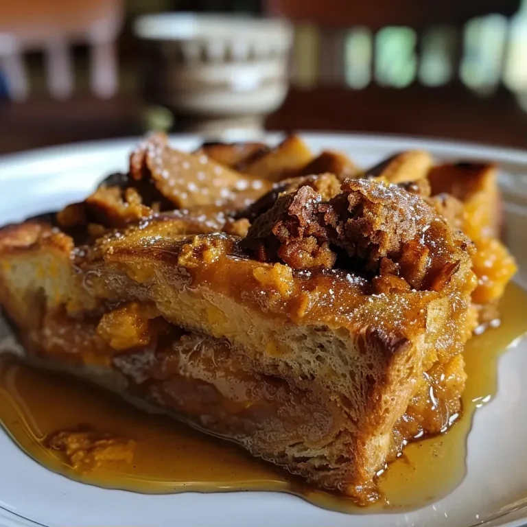 ['Close-up view of a slice of pumpkin bread pudding with a golden crust and creamy texture.', 'Side angle of a delicious pumpkin bread pudding, showcasing its rich color and moist layers.', 'Juicy pumpkin bread pudding on a plate, highlighting its soft interior and crispy top.', "Warm slice of pumpkin bread pudding served in a dish, displaying the ingredients' vibrant colors."]
