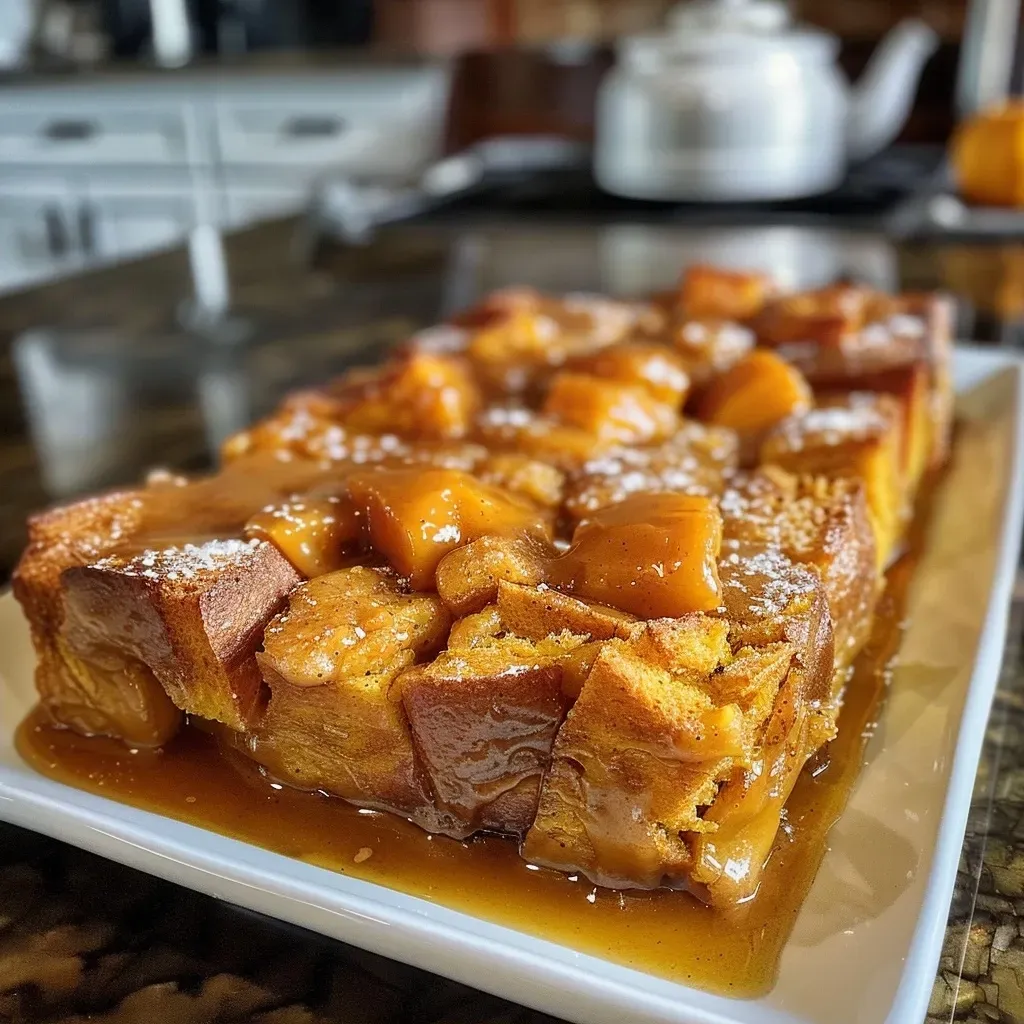 ['Close-up view of a slice of pumpkin bread pudding with a golden crust and creamy texture.', 'Side angle of a delicious pumpkin bread pudding, showcasing its rich color and moist layers.', 'Juicy pumpkin bread pudding on a plate, highlighting its soft interior and crispy top.',