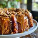 ['Side view of a moist pumpkin cake topped with a shiny maple glaze and crushed pistachios.', 'Close-up of a pumpkin cake slice featuring a glossy maple glaze and sprinkled nuts on top.', 'Side profile of a delicious pumpkin cake adorned with a maple syrup glaze and vibrant green pistachios.', 'Detailed view of pumpkin cake layered with maple glaze, showcasing its rich texture and nut topping.']