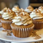 ['Close-up side view of a pumpkin chai cupcake with brown sugar frosting.', 'A beautifully frosted pumpkin chai cupcake displayed on a rustic surface.', 'Detail shot of a pumpkin chai cupcake featuring a swirl of brown sugar frosting.', 'Side perspective of a moist pumpkin chai cupcake topped with creamy frosting.']