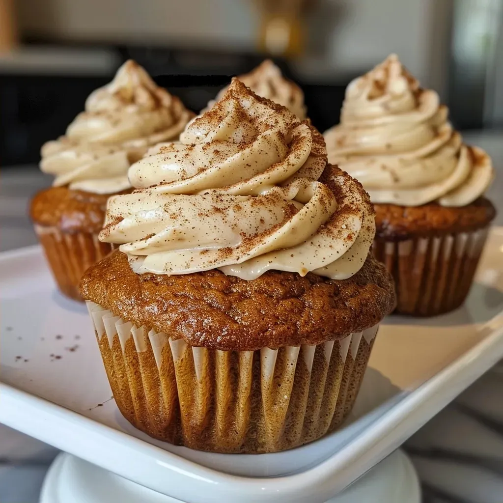['Close-up side view of a pumpkin chai cupcake with brown sugar frosting.', 'A beautifully frosted pumpkin chai cupcake displayed on a rustic surface.', 'Detail shot of a pumpkin chai cupcake featuring a swirl of brown sugar frosting.', 'Side perspective of a moist pumpkin chai cupcake topped with creamy frosting.']