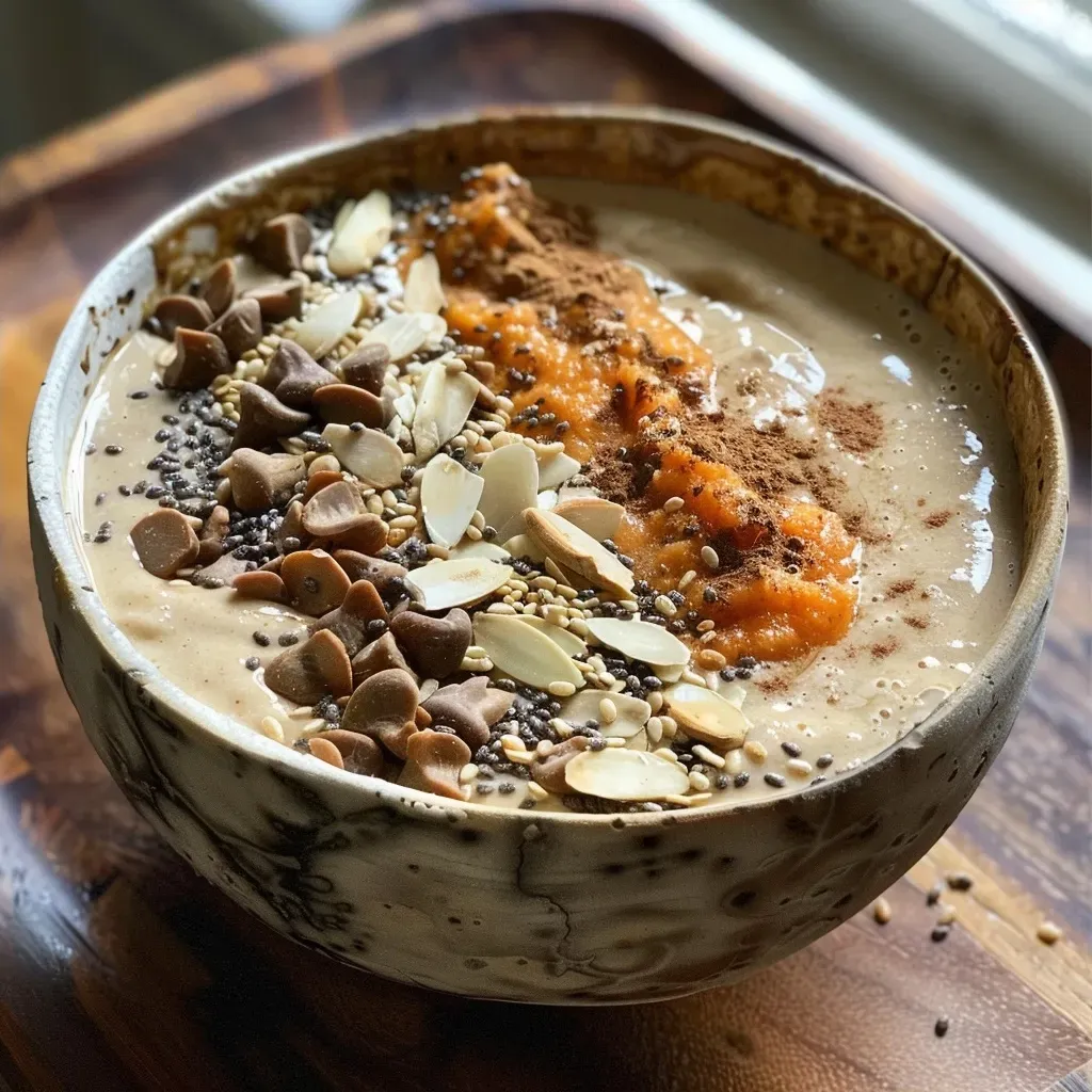 ['Close-up of a vibrant pumpkin chai smoothie bowl topped with sliced banana and pumpkin seeds.', 'Side view of a creamy smoothie bowl featuring pumpkin and chai flavors, adorned with nuts and chia seeds.', 'A delicious smoothie bowl displaying layers of pumpkin puree and topped with granola and cacao nibs.', 'Colorful smoothie bowl made with pumpkin and chai spices, garnished with fresh fruit and seeds.']
