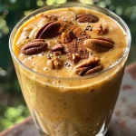 ['A close-up view of a creamy Pumpkin Chai Smoothie in a glass, topped with chopped pecans.', 'Side profile of a delicious Pumpkin Chai Smoothie, showing its rich orange color and creamy texture.', 'A refreshing Pumpkin Chai Smoothie in a glass, garnished with a sprinkle of cinnamon and pecans.', 'Close view of a Pumpkin Chai Smoothie, highlighting the smooth blend of pumpkin and spices.']