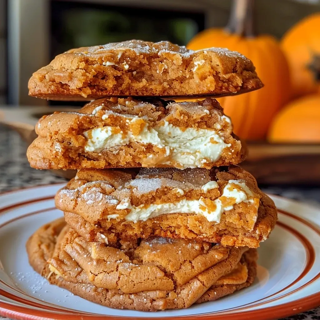 ['Close-up view of a pumpkin cheesecake cookie with a creamy swirl on top.', 'Side perspective of a pumpkin cheesecake cookie featuring a golden-brown exterior.', 'Juicy pumpkin cheesecake cookie showcasing a rich cream cheese filling.', 'Deliciously baked pumpkin cheesecake cookie with a dusting of cinnamon.']