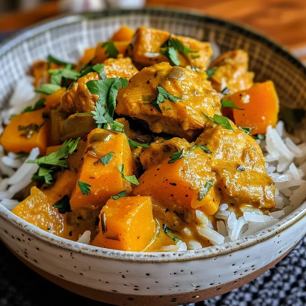 ['Close-up view of a bowl filled with Pumpkin Chicken Curry, showcasing vibrant colors and textures.', 'Side view of a creamy Pumpkin Chicken Curry dish, garnished with herbs and spices.', 'A detailed photo of Pumpkin Chicken Curry, highlighting chunks of chicken and orange pumpkin puree.', 'Juicy Pumpkin Chicken Curry presented in a rustic bowl, emphasizing its rich, savory sauce.']