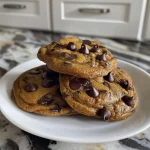 ['Close-up view of pumpkin chocolate chip cookies with melted chocolate chips.', 'Side angle of freshly baked pumpkin chocolate chip cookies showing texture and color.', 'Juicy pumpkin chocolate chip cookies stacked on top of each other, showcasing their moist interior.', 'A delicious assortment of pumpkin chocolate chip cookies, highlighting their golden-brown edges.']