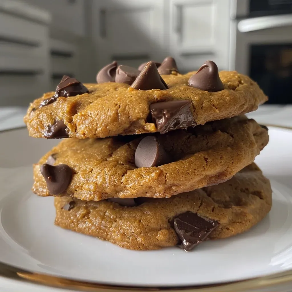 Close-up view of pumpkin chocolate chip cookies with melted chocolate chips.