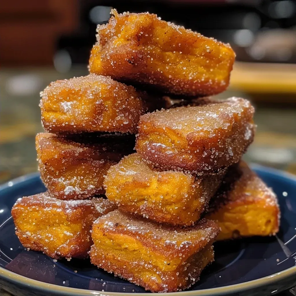 ['A close-up side view of golden brown Pumpkin Churro Bites, showcasing their crispy exterior and soft interior.', 'Juicy Pumpkin Churro Bites arranged on a plate, highlighting their delicious texture and rich color.', 'A detailed view of mouth-watering Pumpkin Churro Bites with a sprinkle of cinnamon sugar on top.', 'Side angle shot of freshly made Pumpkin Churro Bites, displaying their inviting appearance and warm hues.']