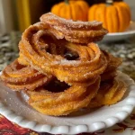 ['Close-up of golden-brown pumpkin churros dusted with cinnamon sugar.', 'A side view of freshly fried pumpkin churros arranged on a plate.', 'Juicy pumpkin churros with a smooth cream cheese dip.', 'Crispy pumpkin churros drizzled with a sweet glaze and sprinkled with cinnamon.']
