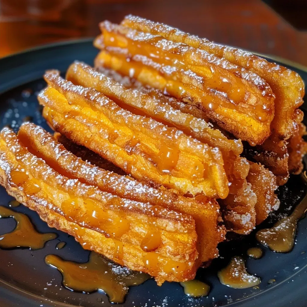 ['Close-up of golden-brown pumpkin churros dusted with cinnamon sugar.', 'A side view of freshly fried pumpkin churros arranged on a plate.', 'Juicy pumpkin churros with a smooth cream cheese dip.', 'Crispy pumpkin churros drizzled with a sweet glaze and sprinkled with cinnamon.']