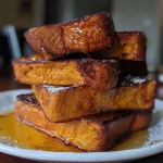 ['Golden brown French toast sticks dusted with cinnamon and served on a white plate.', 'Close-up of crispy Pumpkin Cinnamon French toast sticks with a drizzle of syrup.', 'Side view of French toast sticks arranged neatly with pumpkin puree in the background.', 'Appetizing Pumpkin Cinnamon French toast sticks on a rustic wooden table.']