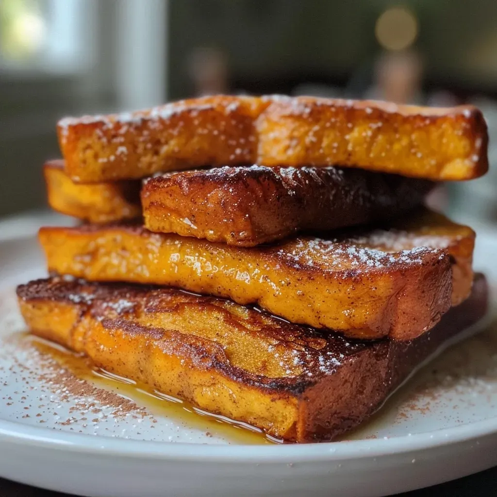 ['Golden brown French toast sticks dusted with cinnamon and served on a white plate.', 'Close-up of crispy Pumpkin Cinnamon French toast sticks with a drizzle of syrup.', 'Side view of French toast sticks arranged neatly with pumpkin puree in the background.', 'Appetizing Pumpkin Cinnamon French toast sticks on a rustic wooden table.']