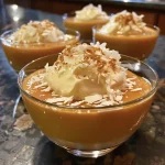 ['Close-up view of a creamy pumpkin coconut panna cotta topped with cinnamon maple syrup.', 'Side view of a elegant glass filled with pumpkin coconut panna cotta garnished with coconut flakes and syrup.', 'A delicious pumpkin coconut panna cotta served in a glass dessert bowl, drizzled with maple syrup.', 'Pumpkin coconut panna cotta featuring a smooth texture and coconut flakes, with a cinnamon stick garnish.']