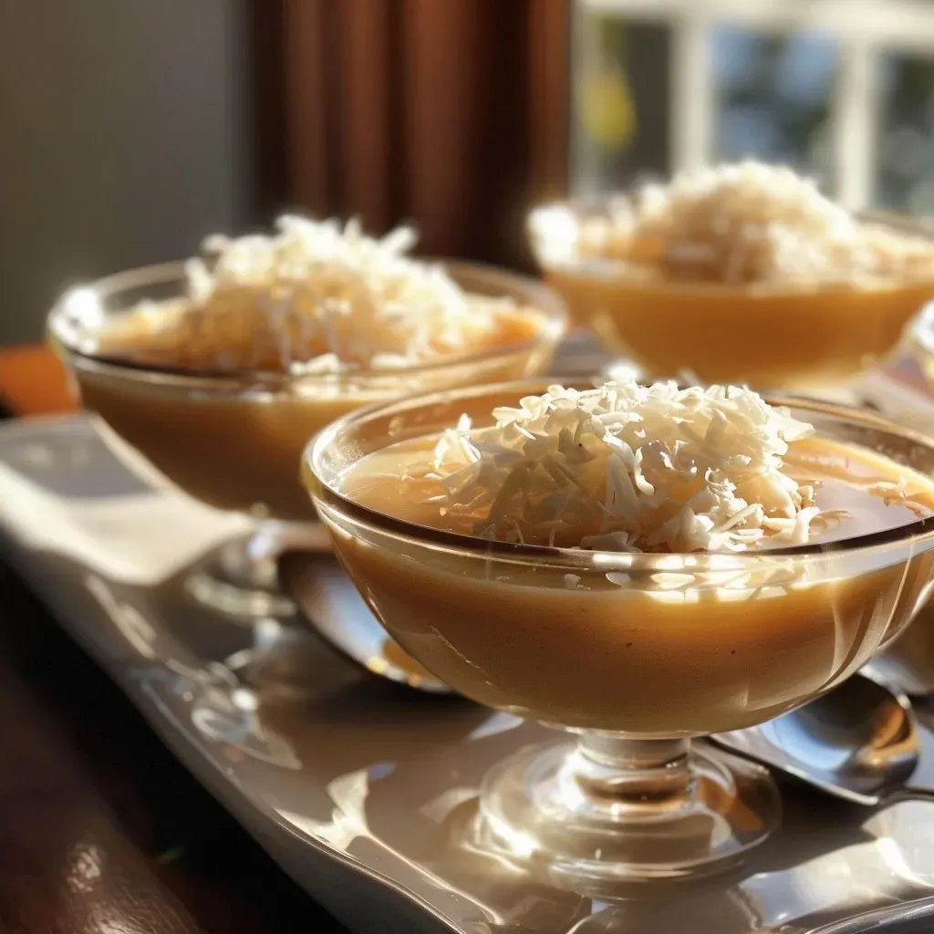 ['Close-up view of a creamy pumpkin coconut panna cotta topped with cinnamon maple syrup.', 'Side view of a elegant glass filled with pumpkin coconut panna cotta garnished with coconut flakes and syrup.', 'A delicious pumpkin coconut panna cotta served in a glass dessert bowl, drizzled with maple syrup.', 'Pumpkin coconut panna cotta featuring a smooth texture and coconut flakes, with a cinnamon stick garnish.']