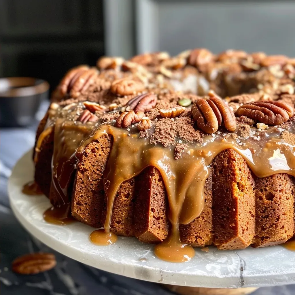 ['A slice of Pumpkin Coffee Cake with a moist texture on a white plate.', 'Close-up view of Pumpkin Coffee Cake showcasing its golden-brown top and crumbly surface.', 'A side view of a piece of Pumpkin Coffee Cake, highlighting its rich pumpkin color and spices.', 'A delicious slice of Pumpkin Coffee Cake topped with a light dusting of powdered sugar.']