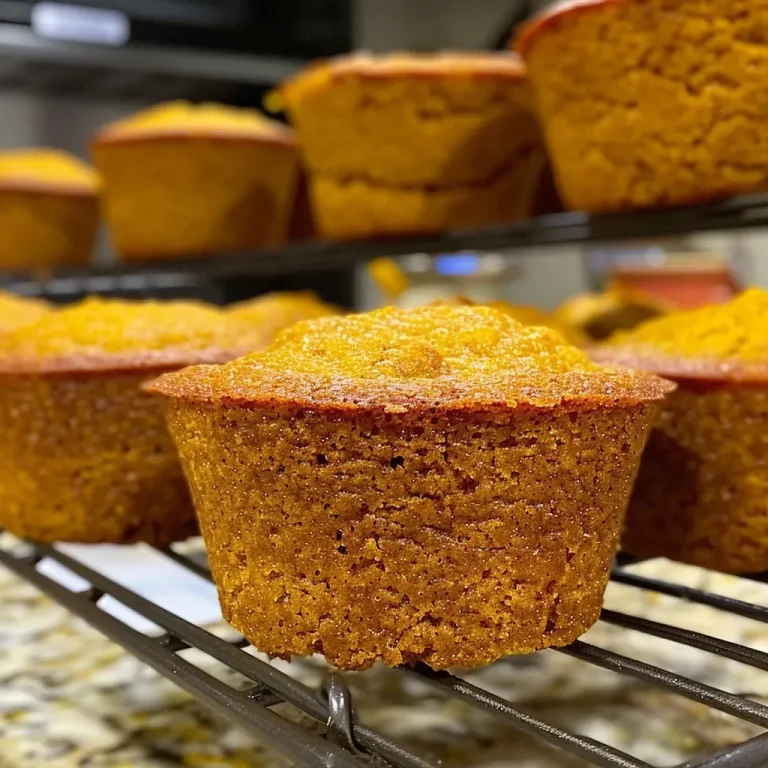 ['Close-up view of golden-brown pumpkin cornbread muffins on a wooden surface.', 'Side view of fluffy pumpkin cornbread muffins, showcasing their textured tops.', 'Juicy pumpkin cornbread muffins displayed on a rustic plate with warm lighting.', 'Freshly baked pumpkin cornbread muffins with a soft, moist interior, arranged beautifully.']