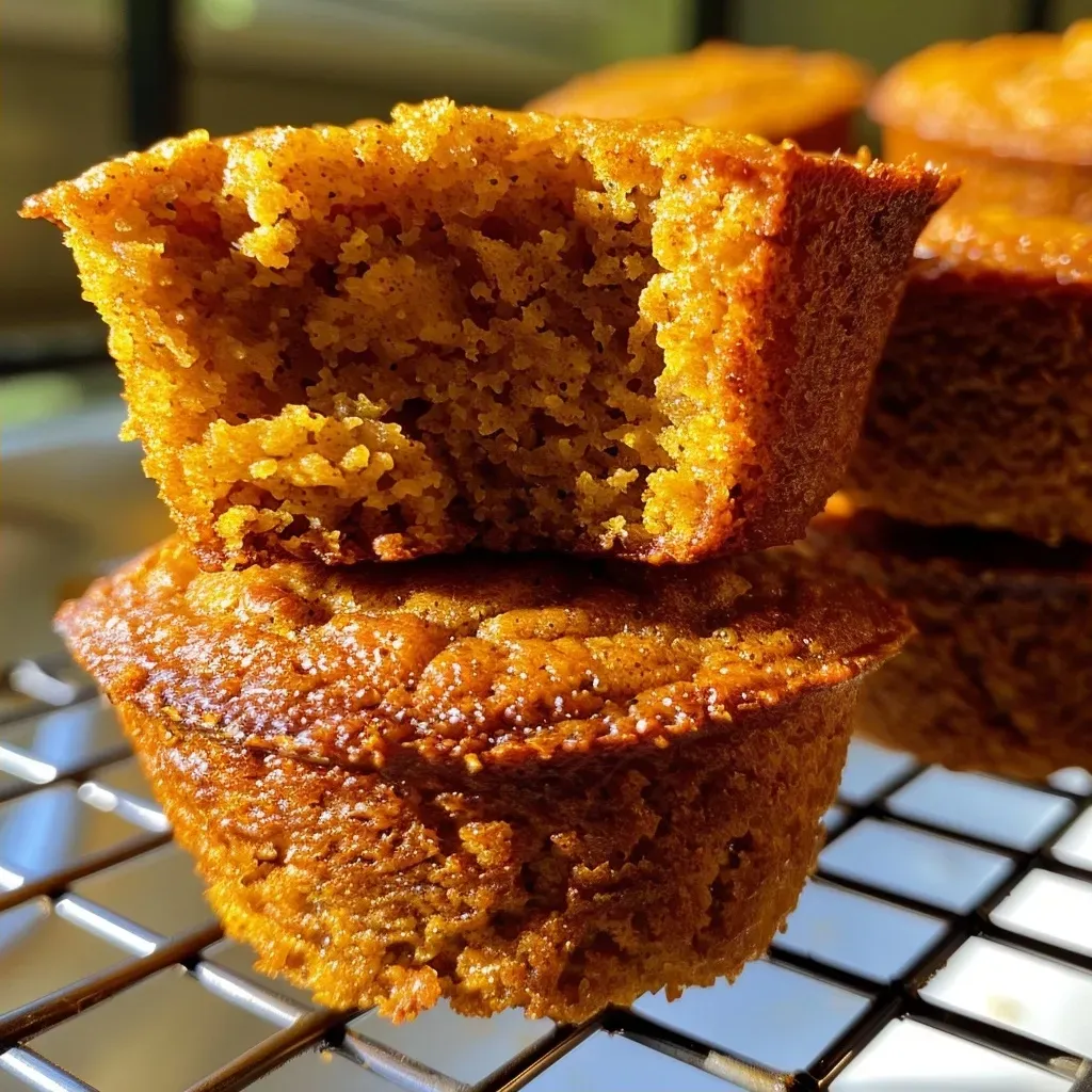 ['Close-up view of golden-brown pumpkin cornbread muffins on a wooden surface.', 'Side view of fluffy pumpkin cornbread muffins, showcasing their textured tops.', 'Juicy pumpkin cornbread muffins displayed on a rustic plate with warm lighting.', 'Freshly baked pumpkin cornbread muffins with a soft, moist interior, arranged beautifully.']