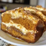 ['Close-up of a slice of Pumpkin Cream Cheese Bread showcasing its moist texture and cream cheese swirl.', 'Side view of Pumpkin Cream Cheese Bread with pumpkin puree and cream cheese filling visible.', 'A beautifully baked loaf of Pumpkin Cream Cheese Bread with a golden crust and creamy center.', 'Thick slice of Pumpkin Cream Cheese Bread highlighting the pumpkin and cream cheese richness.']