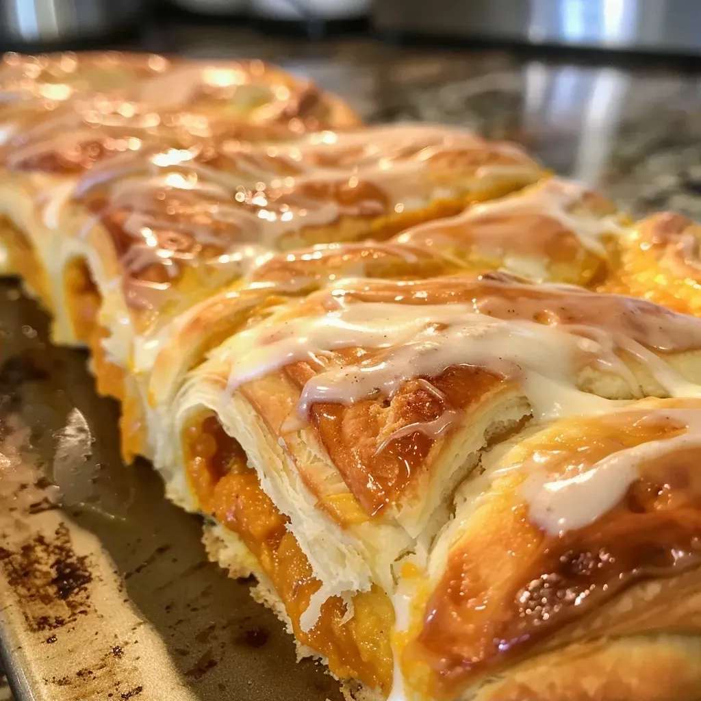 ['Side view of a braided pastry filled with pumpkin cream cheese.', 'Close-up image of a Pumpkin Cream Cheese Crescent Roll Braid with golden crust.', 'Detail of a freshly baked crescent roll braid stuffed with pumpkin cream cheese.', 'Juicy Pumpkin Cream Cheese Crescent Roll Braid showcasing its rich filling.']