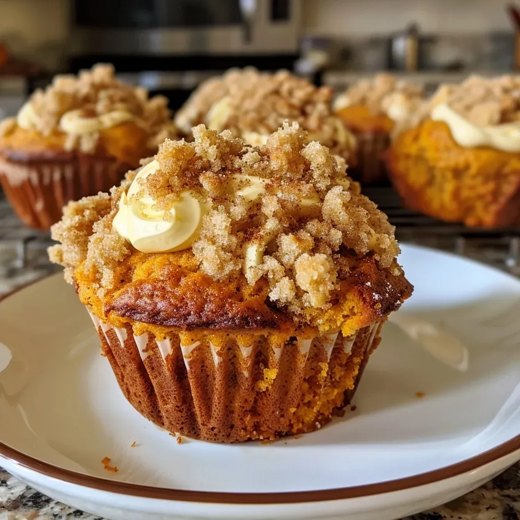 ['Close-up view of a moist pumpkin cream cheese muffin with a swirl of cream cheese filling.', 'Side view of a freshly baked pumpkin cream cheese muffin, showcasing its texture and creamy center.', 'Juicy pumpkin muffin with cream cheese filling, captured in a close-up shot with an iPhone.', 'Slice of a pumpkin cream cheese muffin revealing the soft interior and cream cheese layer.']