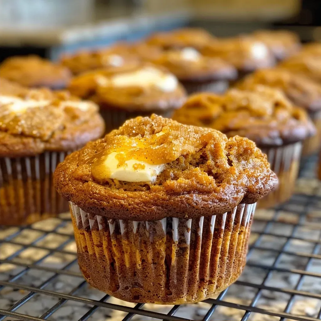 ['Close-up view of a moist pumpkin cream cheese muffin with a swirl of cream cheese filling.', 'Side view of a freshly baked pumpkin cream cheese muffin, showcasing its texture and creamy center.', 'Juicy pumpkin muffin with cream cheese filling, captured in a close-up shot with an iPhone.', 'Slice of a pumpkin cream cheese muffin revealing the soft interior and cream cheese layer.']